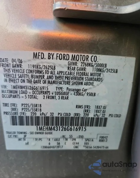 2006 Mercury Montego Premier from USA, damaged, VIN 1MEHM43126G616915